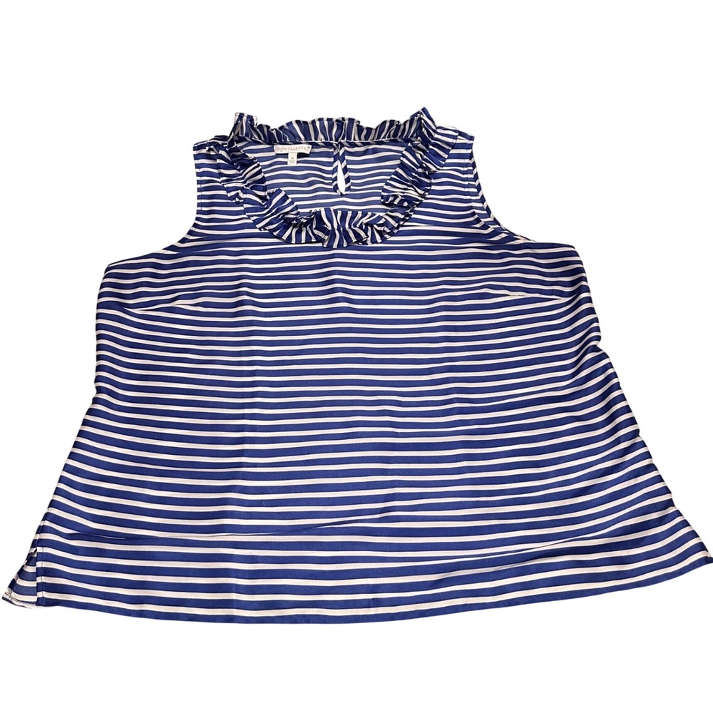 Talbots RSVP Womens XL Blue White Striped Ruffle Neck Sleeveless Shell Blouse - Picture 2 of 9